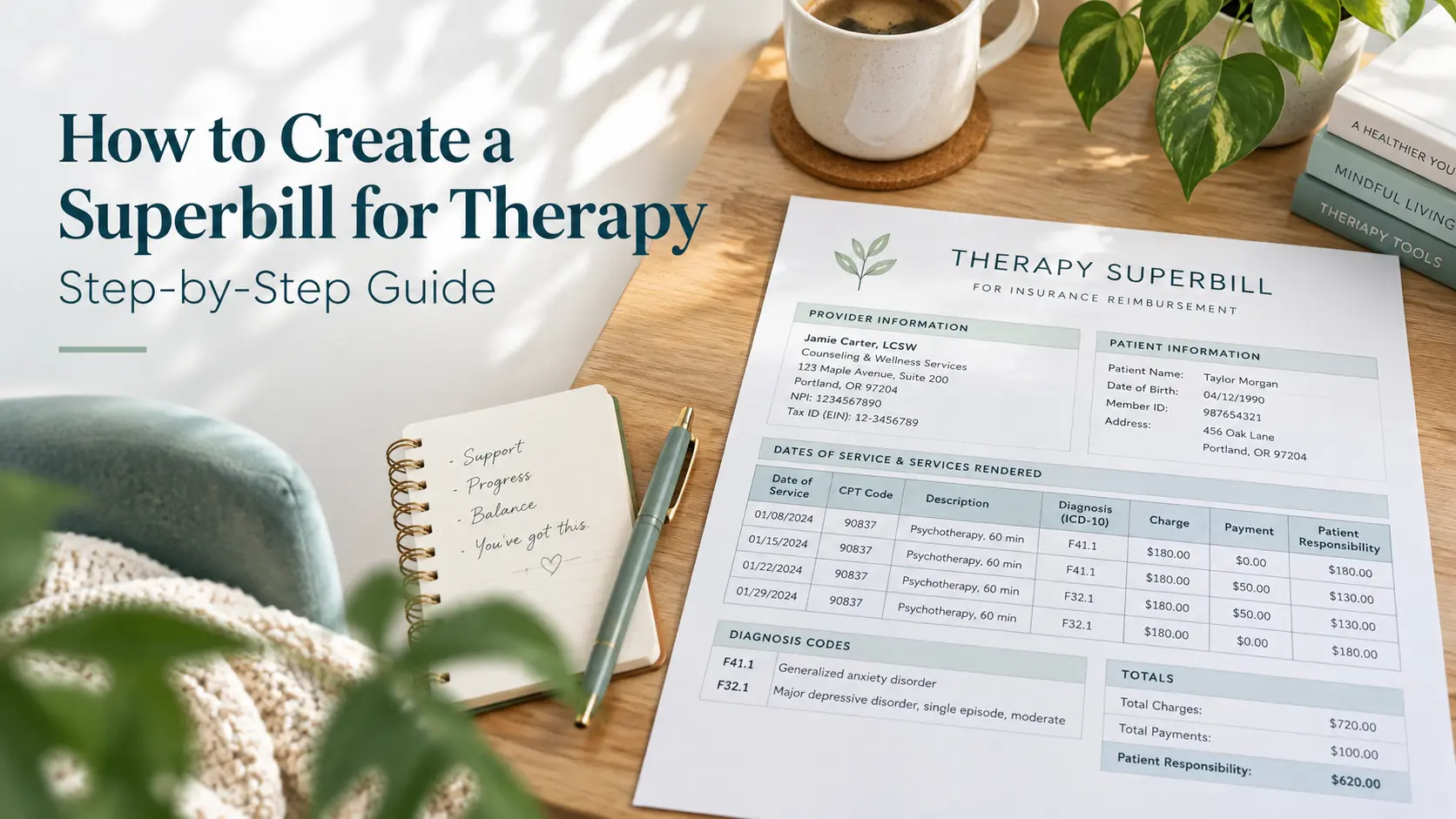 How to create a superbill for therapy with provider, patient, service, and billing information