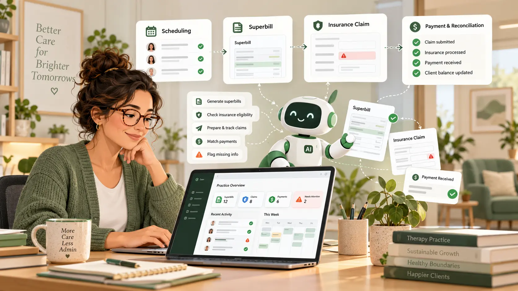 AI-powered therapy practice management software automating superbills, insurance claims, billing, and payments