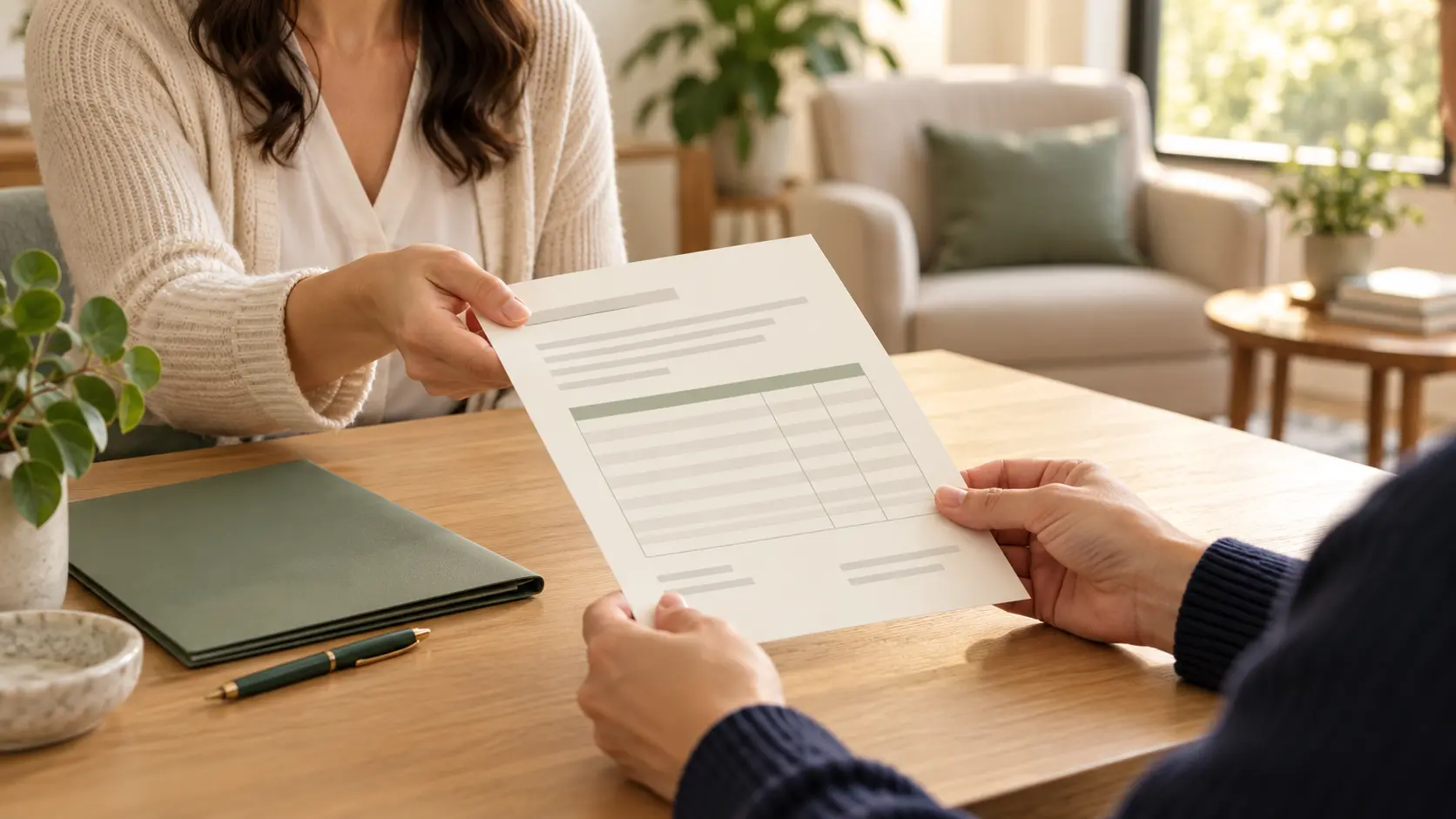 Therapist handing a superbill to a client for out-of-network insurance reimbursement