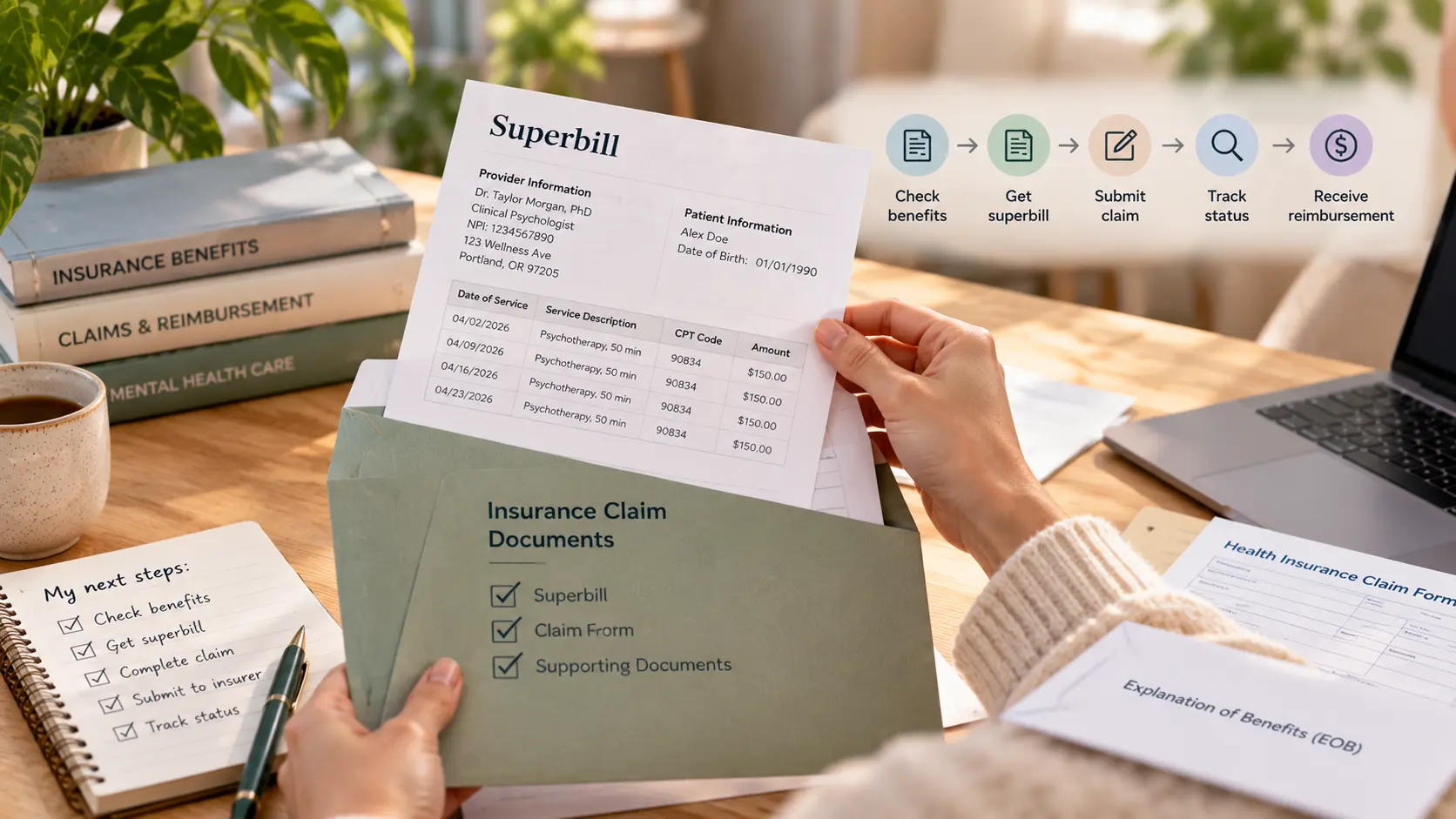 Therapy insurance claim documents including a superbill, claim form, and supporting documentation for reimbursement