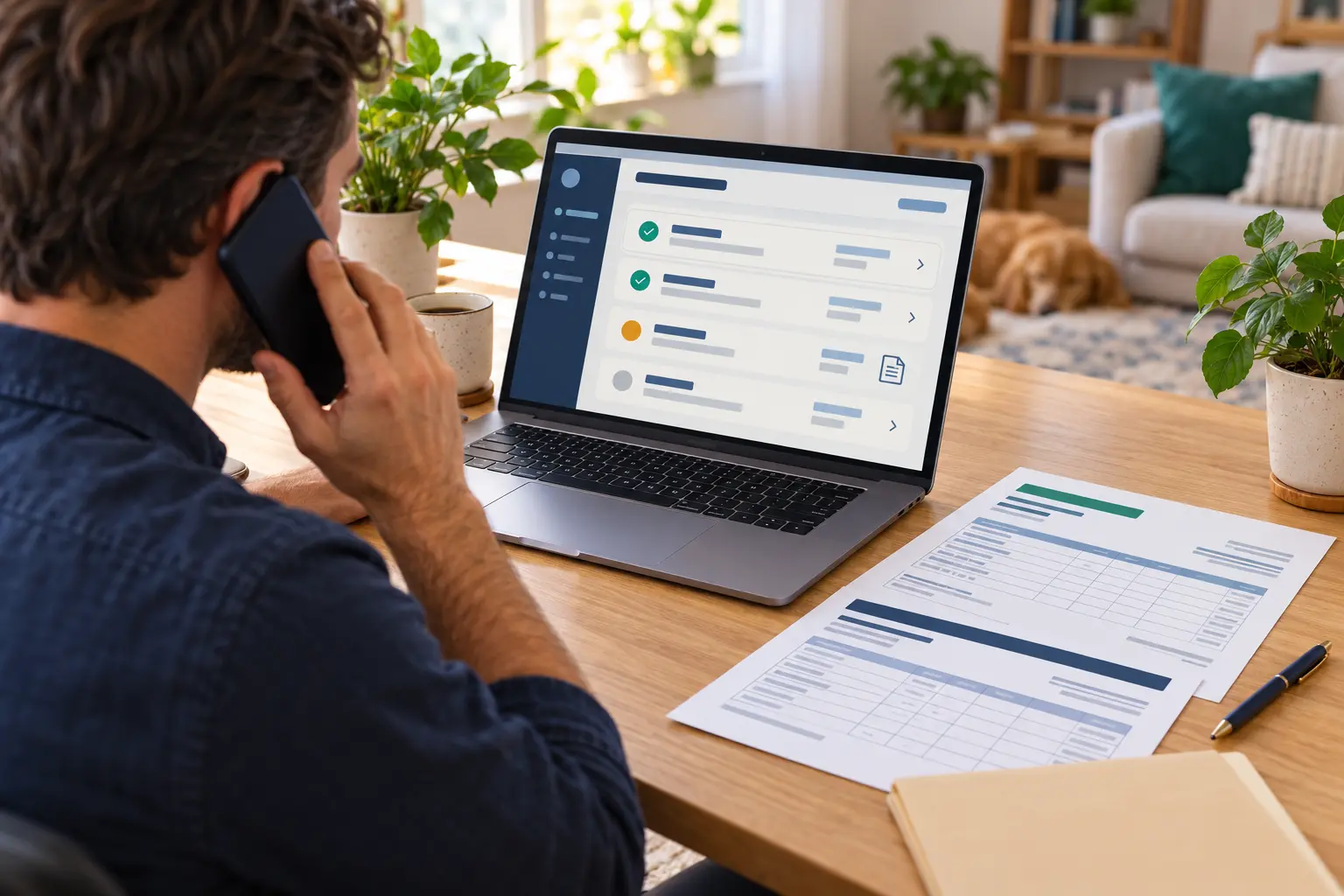 Man checking a therapy insurance claim online while calling his insurer, with billing documents beside his laptop