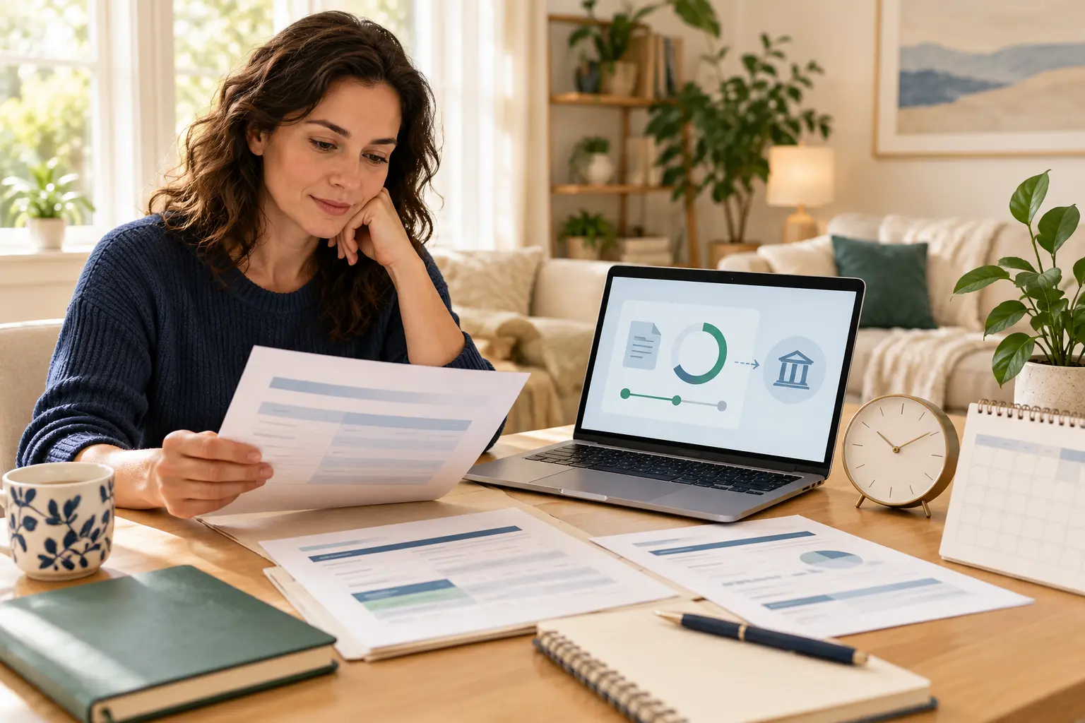 Woman reviewing therapy billing documents beside a laptop showing insurance claim processing progress